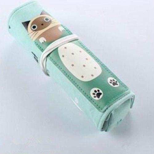 Cat Pattern Pencil Case School Pencil Case Canvas Roll Up Pencil Bag Portable Pencil Box School Supplies(Grass Green Cat)