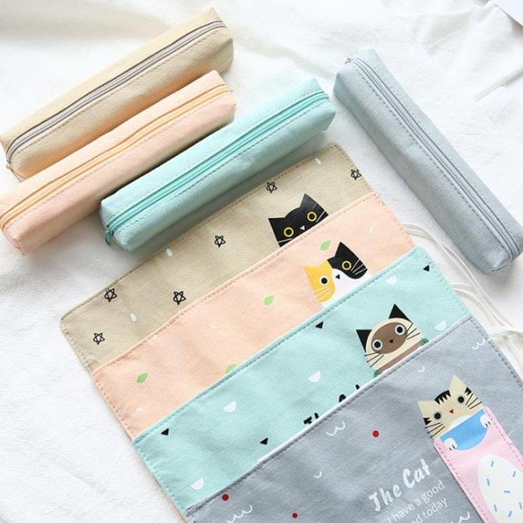 Cat Pattern Pencil Case School Pencil Case Canvas Roll Up Pencil Bag Portable Pencil Box School Supplies(Grass Green Cat)