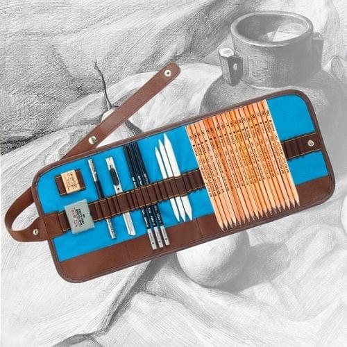 Beginner Sketching Tools (18 PCS Sketching Pencils + Charcoal Pencil + Erasers + Pen Curtain + Art Knife) Sketching Set(Blue)
