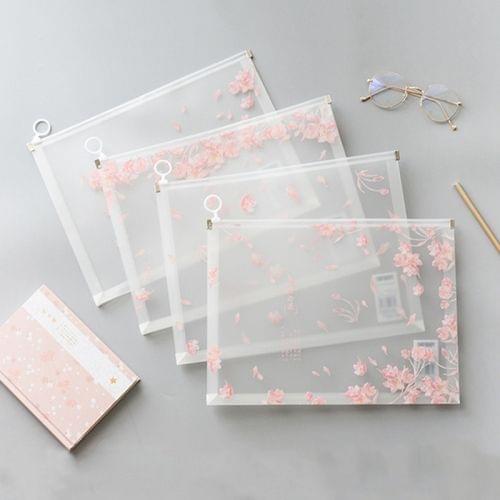 DYOXCEPZ774 4PCS Cute Fresh Cherry Blossom A4 Zipper Folder School Office Supplies Children's Gifts Stationery Color Mixing