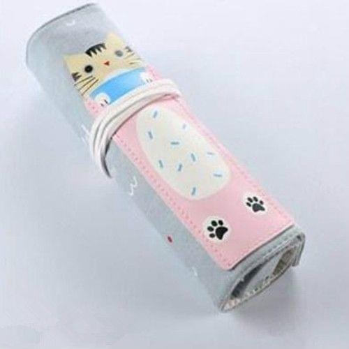 Cat Pattern Pencil Case School Pencil Case Canvas Roll Up Pencil Bag Portable Pencil Box School Supplies(Pink Cat)