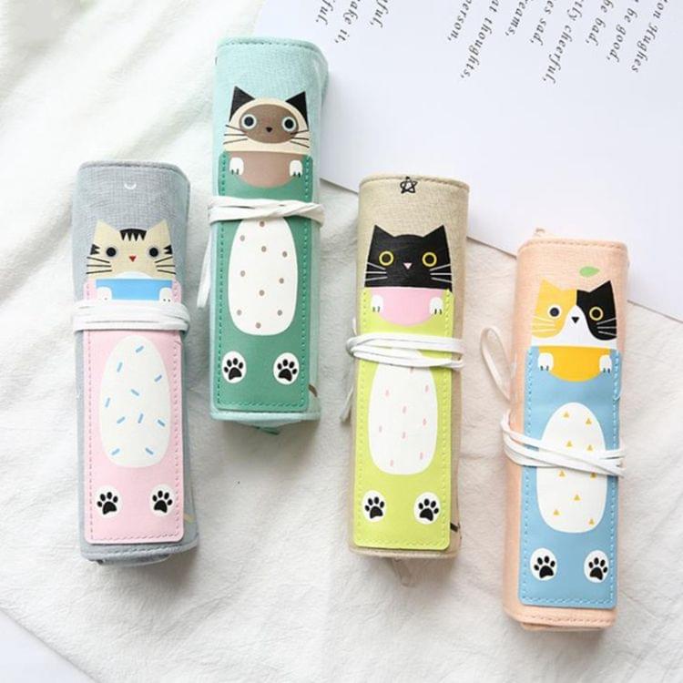 Cat Pattern Pencil Case School Pencil Case Canvas Roll Up Pencil Bag Portable Pencil Box School Supplies(Pink Cat)