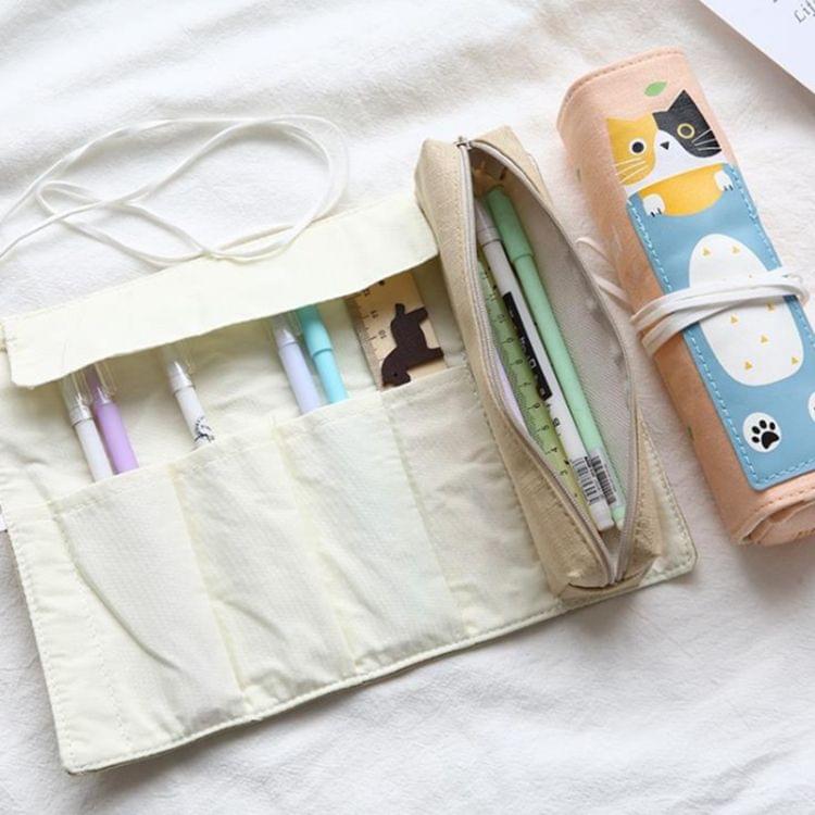 Cat Pattern Pencil Case School Pencil Case Canvas Roll Up Pencil Bag Portable Pencil Box School Supplies(Pink Cat)