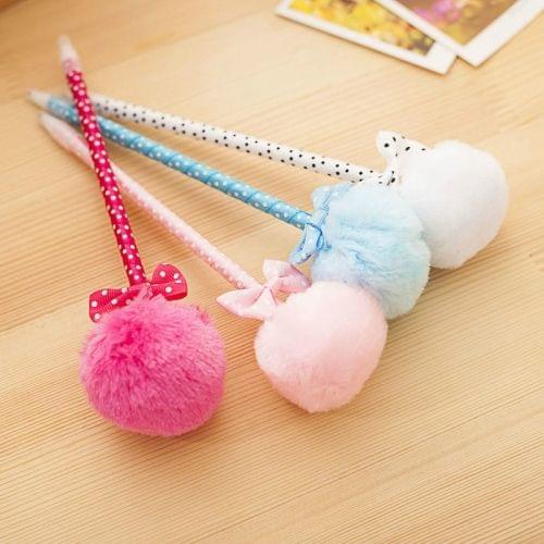 3 PCS Bow Plush Ballpoint Pen Fur Ball Portable Cute Kawaii Pen School Supplies Pens Kids Gifts, Random Color Delivery, Ink Color:Blue