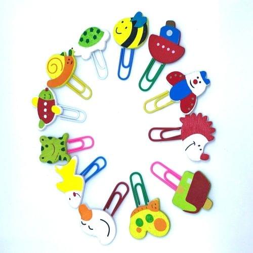 12Pcs Cute Animal Painted Wooden Paperclip Burst Models Stationery Learning Office Supplies Paper Clips Clip