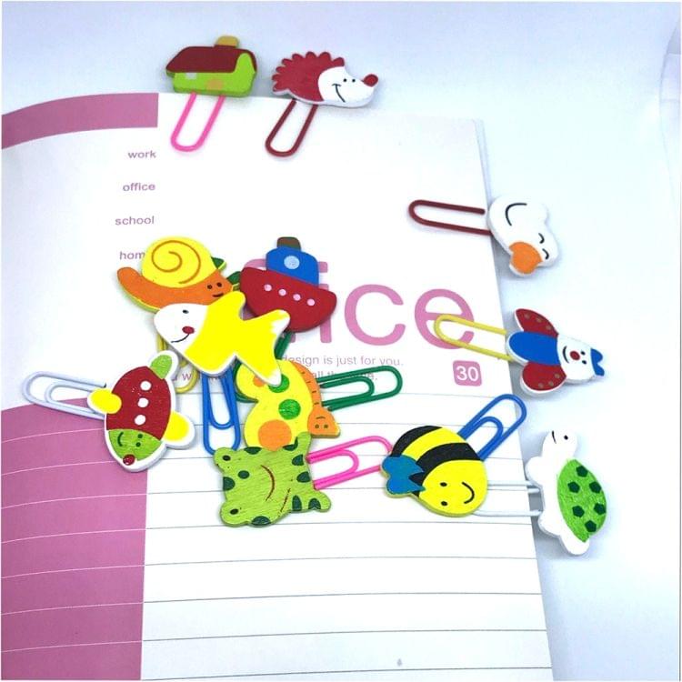 12Pcs Cute Animal Painted Wooden Paperclip Burst Models Stationery Learning Office Supplies Paper Clips Clip