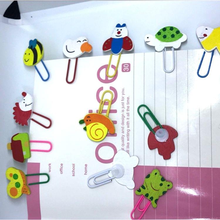 12Pcs Cute Animal Painted Wooden Paperclip Burst Models Stationery Learning Office Supplies Paper Clips Clip