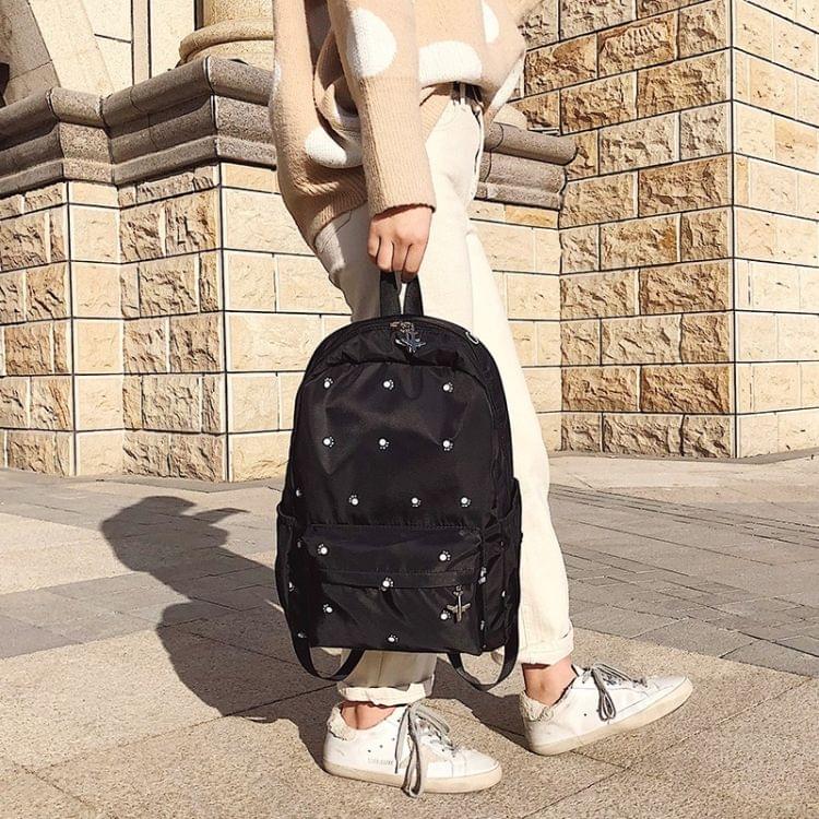 Small Footprint Pattern Waterproof Oxford Cloth Shoulder Backpack Casual Handbag Shoulder Bag (Black)