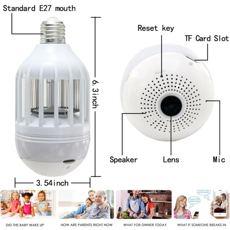 E27 Lamp 960P 360 Degrees Fisheye Lens 1.3MP WiFi Camera with Mosquito Killer Function, Support Motion Detection & TF Card