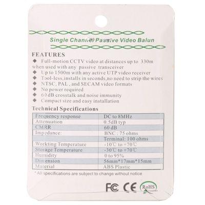 2 PCS UTP Network Video Balun CAT5 to Camera CCTV BNC DVR O-611(White)