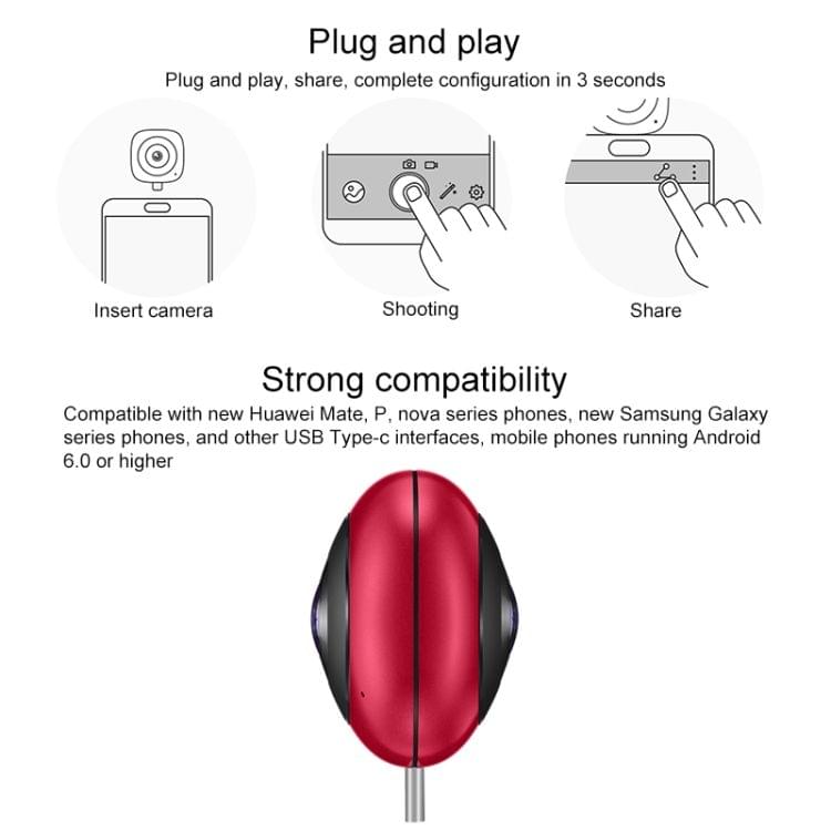 Huawei 210 Degree Wide Angle Dual 13 Megapixel Lens Panoramic Camera, Support 360 Degree Photo / Video, Asteroid / Crystal Ball / Fish Eye Effect, Social Sharing, Animation Production, VR Browsing(Red)