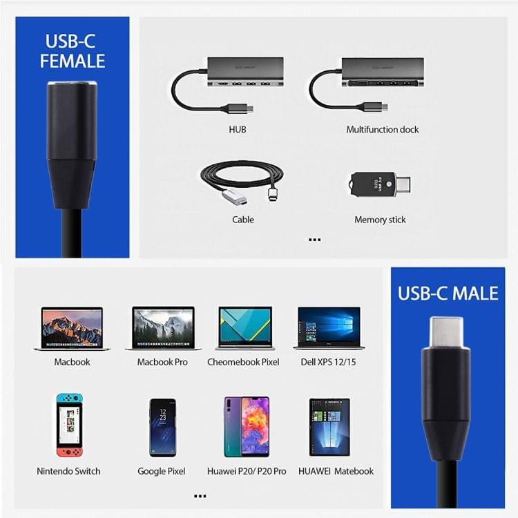 USB-C / Type-C Male to USB-C Female Aluminum Alloy Extender Extension Cable, Length: 1m(Black)