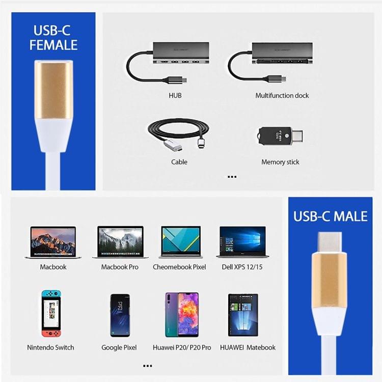 USB-C / Type-C Male to USB-C Female Aluminum Alloy Extender Extension Cable, Length: 1m(Gold)