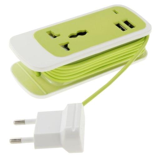 EU Plug Colorful 3 in 1 Dual USB Universal Power Socket, 2.1A Output, Cable Length: 1.5M(Green)