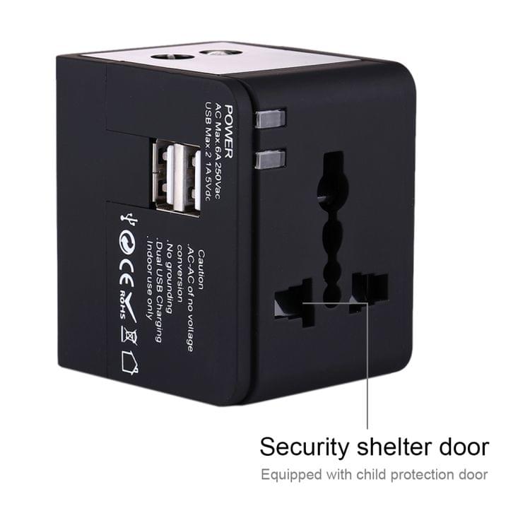 Plug Adapter, Universal US / EU / UK / AU Power Connection Adaptor with 2 USB Ports, CE/FCC/ROHS Certificated(Black)