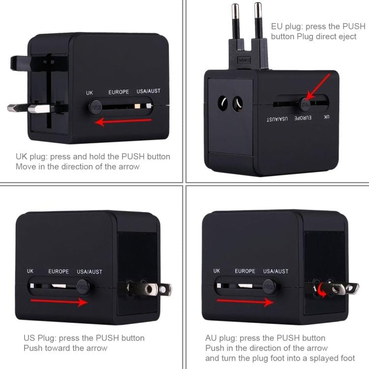 Plug Adapter, Universal US / EU / UK / AU Power Connection Adaptor with 2 USB Ports, CE/FCC/ROHS Certificated(Black)