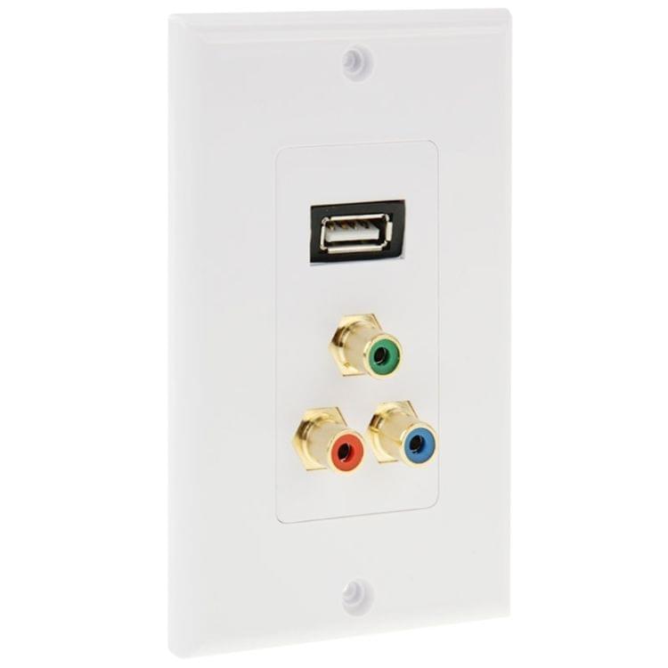 USB 2.0 Female Plug + 3 RCA Female Plugs Wall Plate Panel