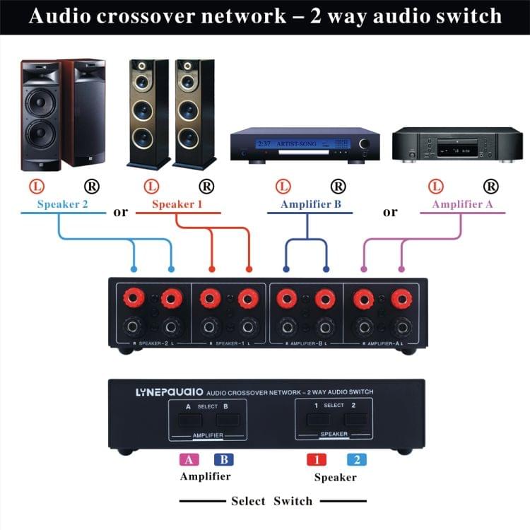 B822 Passive Speaker Switch 2 Channel Power Amplifier Audio Switch Loudspeaker, 2 Input and 2 Output (Black)