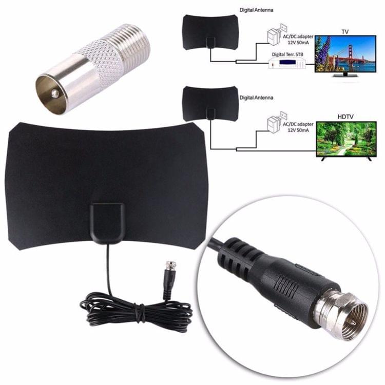 TY12 50 Miles Range 10dBi High Gain Amplified Digital Flat HDTV Indoor TV Antenna with 3.7m Coaxial Cable(Black)