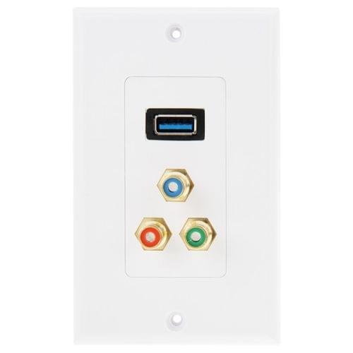 USB 3.0 Female Plug + 3 RCA Female Plugs Wall Plate Panel