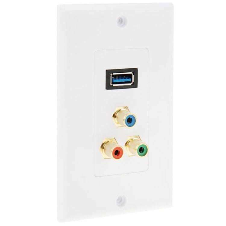 USB 3.0 Female Plug + 3 RCA Female Plugs Wall Plate Panel