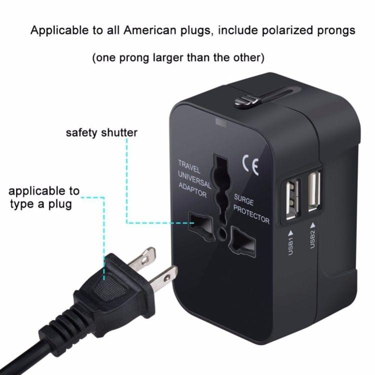 Portable Multi-function Dual USB Ports Global Universal Travel Wall Charger Power Socket