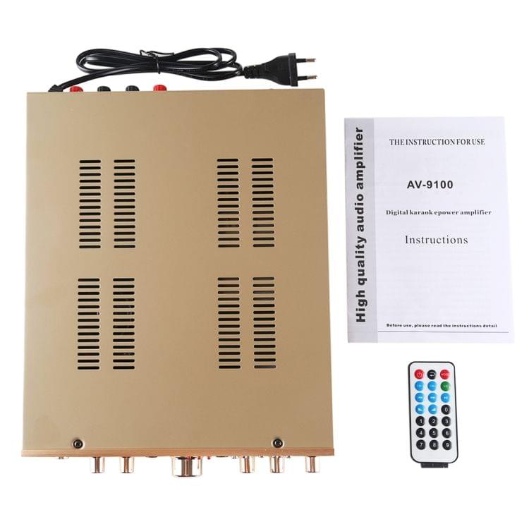 AV-9100 2CH 300W + 300W Karaoke HiFi Stereo Audio Power Amplifier, Support FM / SD & MMC / MP3 Player / USB, AC 220-240V, EU Plug