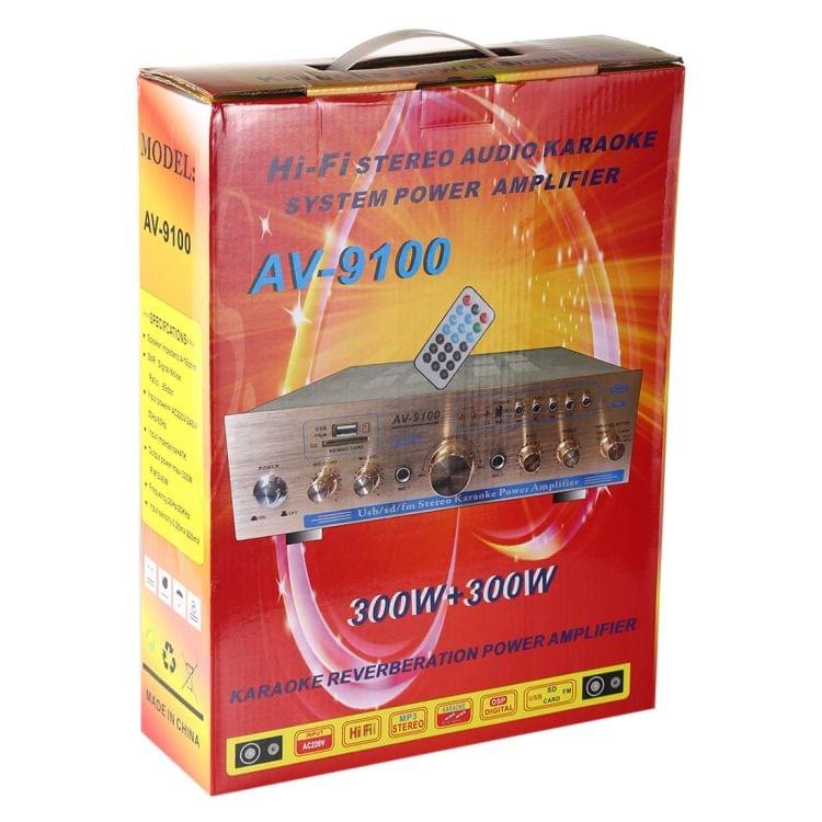 AV-9100 2CH 300W + 300W Karaoke HiFi Stereo Audio Power Amplifier, Support FM / SD & MMC / MP3 Player / USB, AC 220-240V, EU Plug