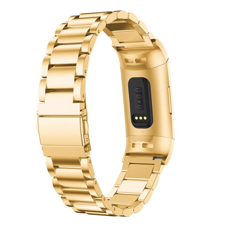 Three Beads Slingshot Buckle Solid Stainless Steel Wrist Strap Watch Band for Fitbit Charge 3 (Gold)