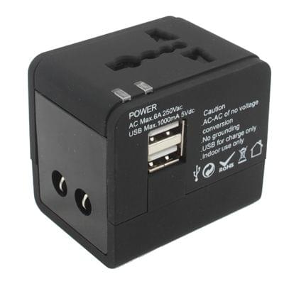 Plug Adapter, Universal US / EU / UK / AU Plug Power Connection Adaptor with 2 USB Charger Socket(Black)