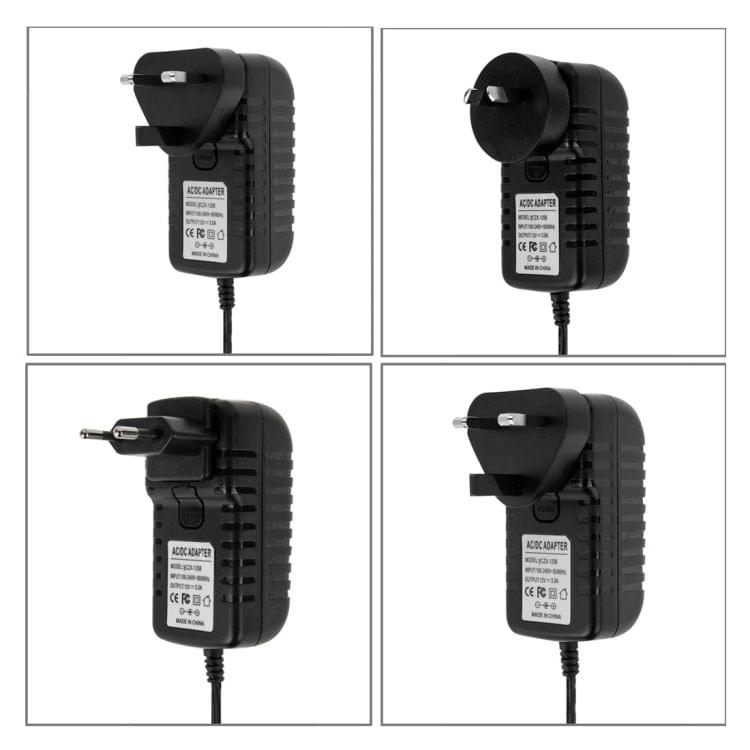 4 in 1 EU Plug + US Plug + UK Plug + AU Plug AC 100-240V to DC 12V 3A Power Adapter, Tips: 5.5 x 2.1mm, Cable Length: about 1.2m(Black)