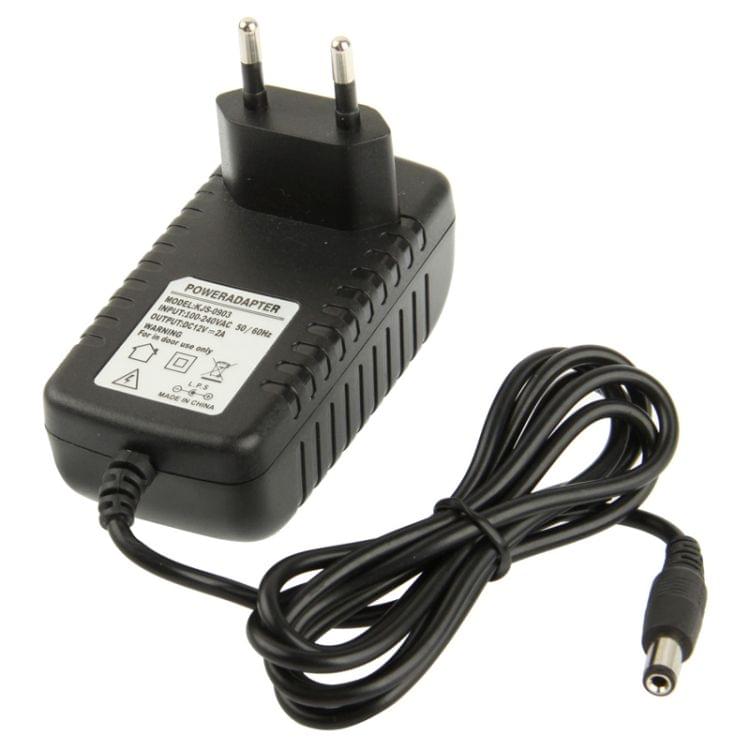 High Quality EU Plug AC 100-240V to DC 12V 2A Power Adapter, Tips: 5.5 x 2.1mm, Cable Length: 1m(Black)