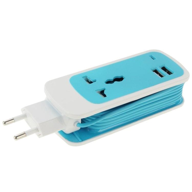 EU Plug Colorful 3 in 1 Dual USB Universal Power Socket, 2.1A Output, Cable Length: 1.5M(Blue)