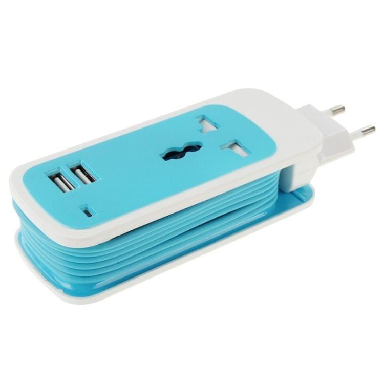 EU Plug Colorful 3 in 1 Dual USB Universal Power Socket, 2.1A Output, Cable Length: 1.5M(Blue)