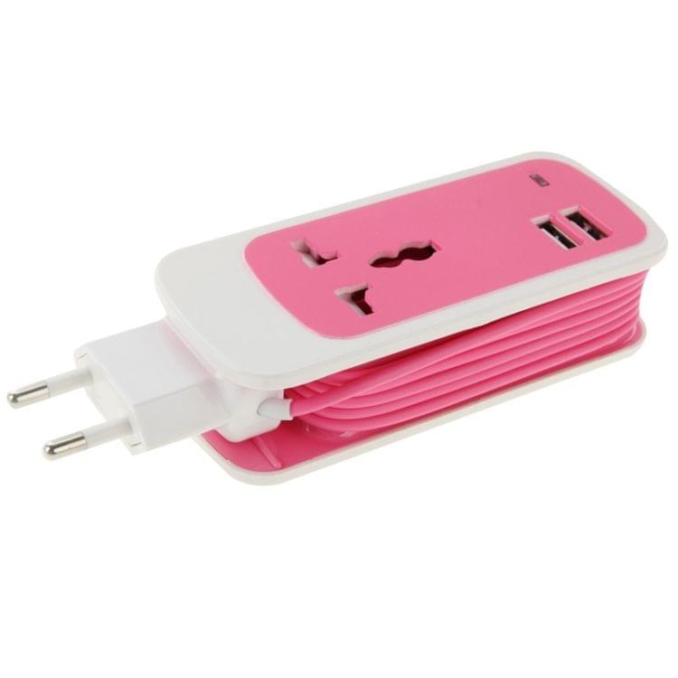 EU Plug Colorful 3 in 1 Dual USB Universal Power Socket, 2.1A Output, Cable Length: 1.5M(Magenta)