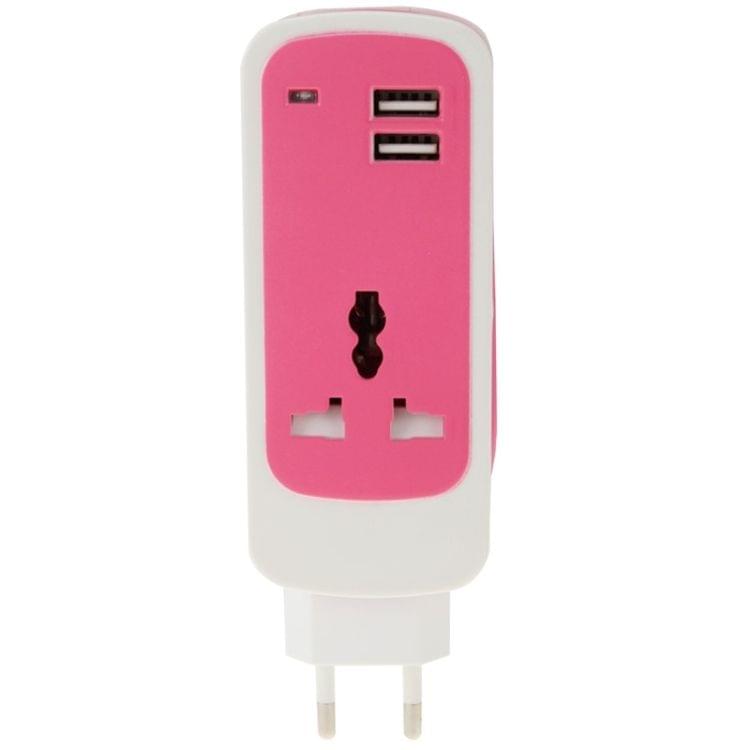 EU Plug Colorful 3 in 1 Dual USB Universal Power Socket, 2.1A Output, Cable Length: 1.5M(Magenta)
