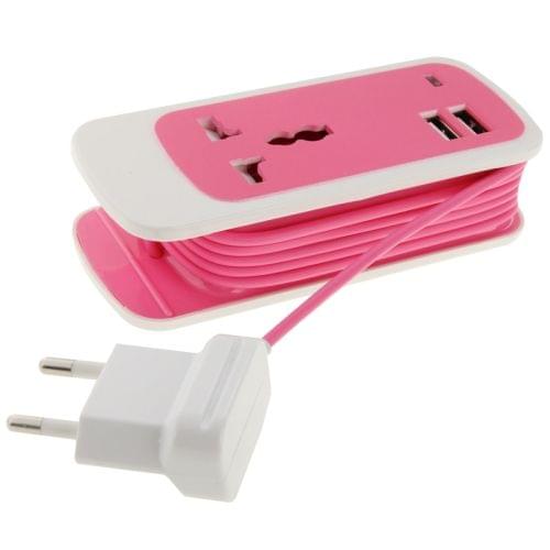 EU Plug Colorful 3 in 1 Dual USB Universal Power Socket, 2.1A Output, Cable Length: 1.5M(Magenta)