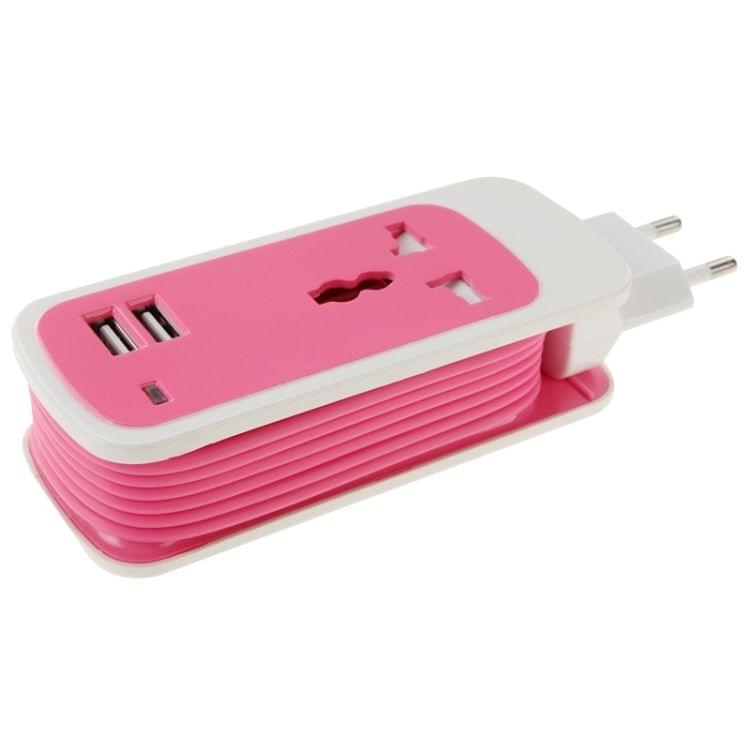 EU Plug Colorful 3 in 1 Dual USB Universal Power Socket, 2.1A Output, Cable Length: 1.5M(Magenta)