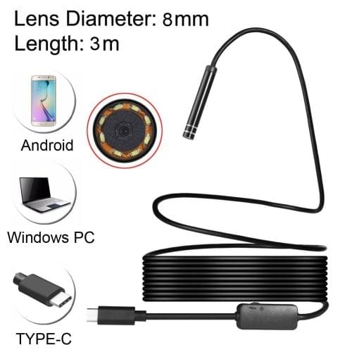USB-C / Type-C Endoscope Waterproof Snake Tube Inspection Camera with 8 LED & USB Adapter, Length: 3m, Lens Diameter: 8mm