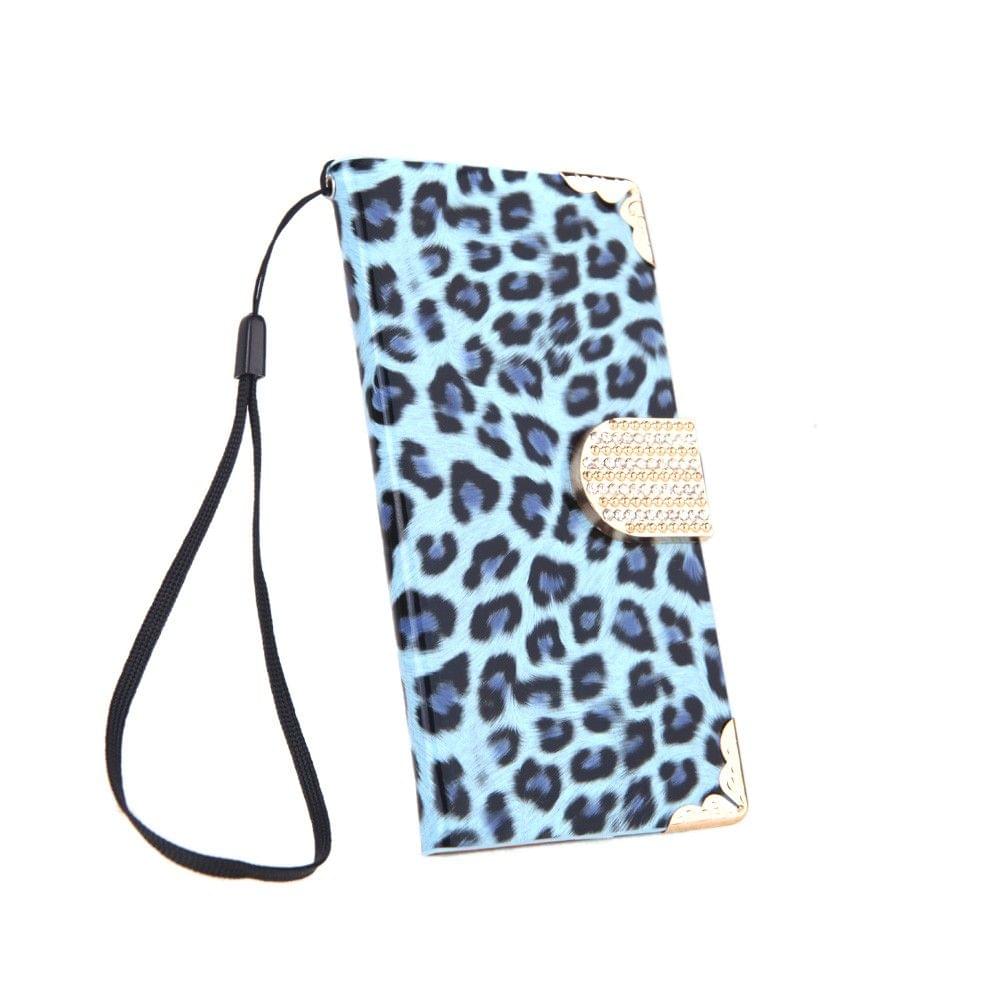 Fashionable Wallet Leopard Case Flip Leather Cover with Card Holder/Strap for Apple iPhone 6 Blue