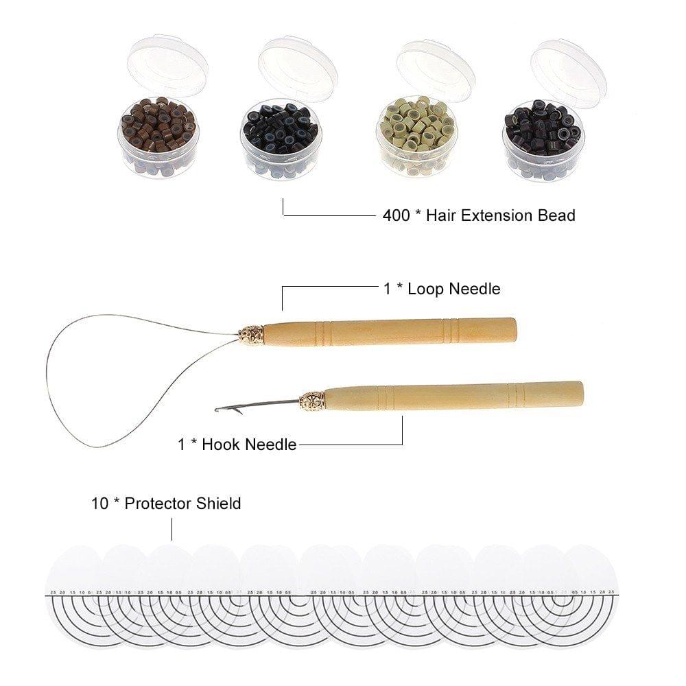 Hair Extension Tool Set 400Pcs Silicone Micro Beads + 10 Pcs Protector Shield + Pulling Needle + Ring Needle Hairdressing Makeup Kits