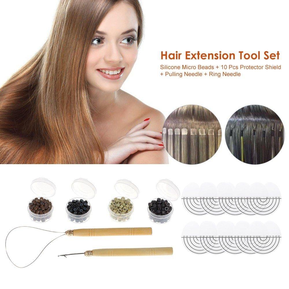 Hair Extension Tool Set 400Pcs Silicone Micro Beads + 10 Pcs Protector Shield + Pulling Needle + Ring Needle Hairdressing Makeup Kits
