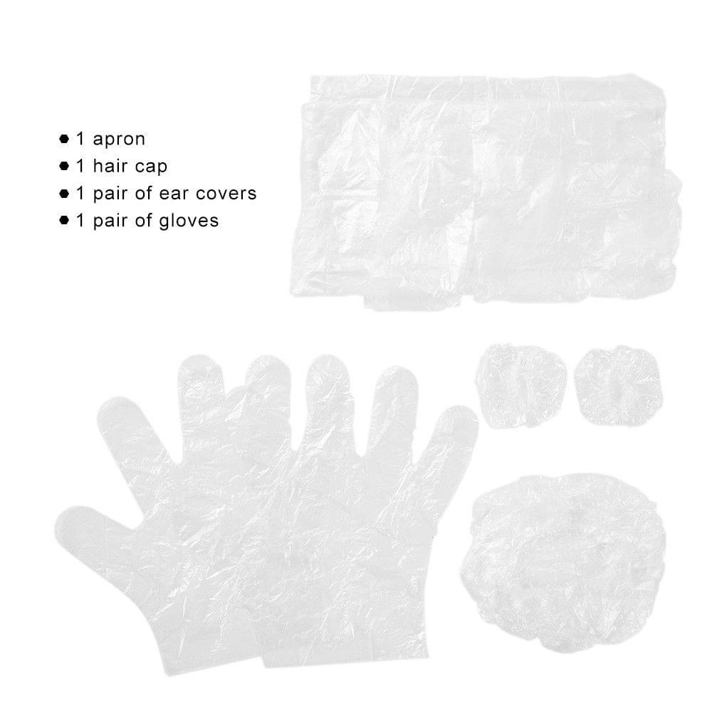 10 Sets/pack 4pcs Disposable Plastic Hair Care Dyeing Tools Kit Single Use Salon Hair Cap Ear Cover Gloves Apron Home Barber