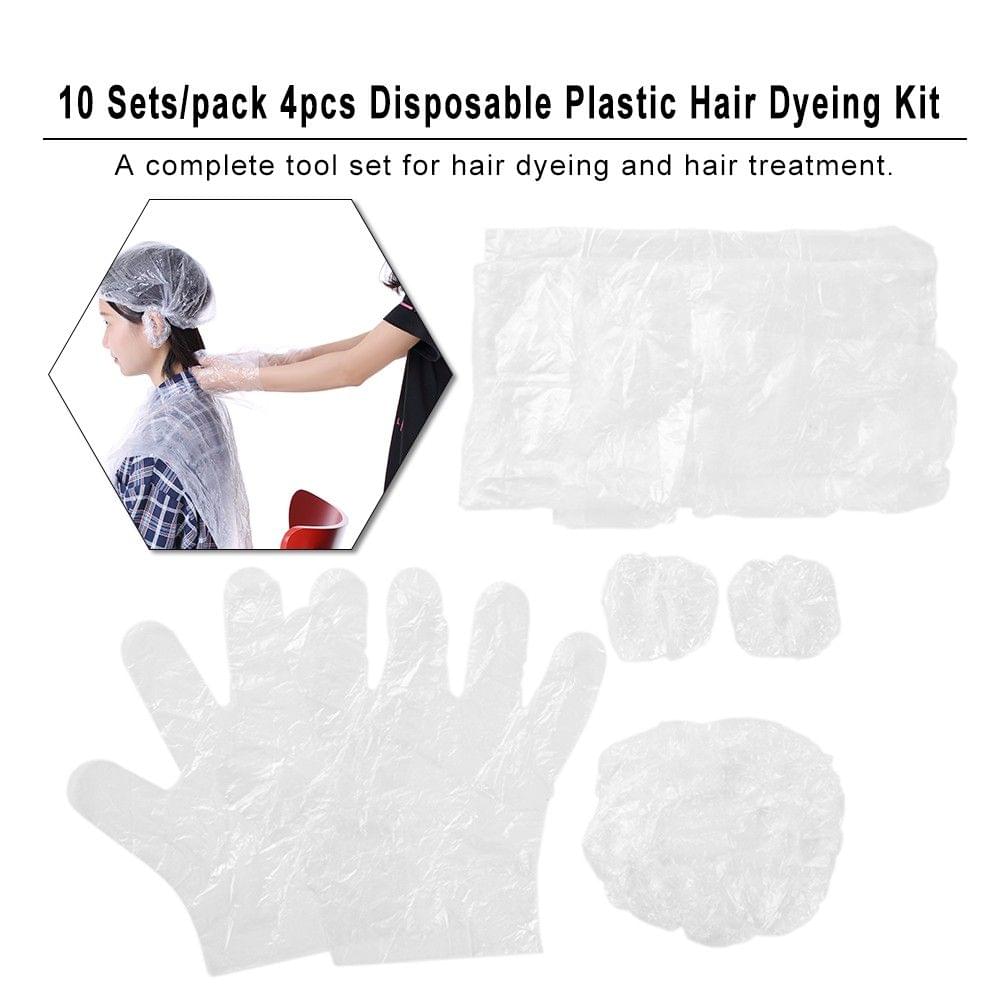 10 Sets/pack 4pcs Disposable Plastic Hair Care Dyeing Tools Kit Single Use Salon Hair Cap Ear Cover Gloves Apron Home Barber