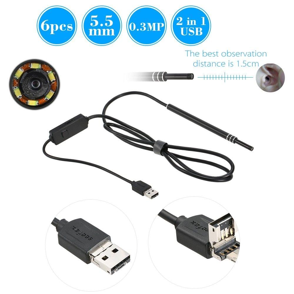 6 LED 5.5MM Lens Endoscope Inspection USB Wire Snake Tube Camera for Ear Nose Throat Health Care, Work with Android and Window PC