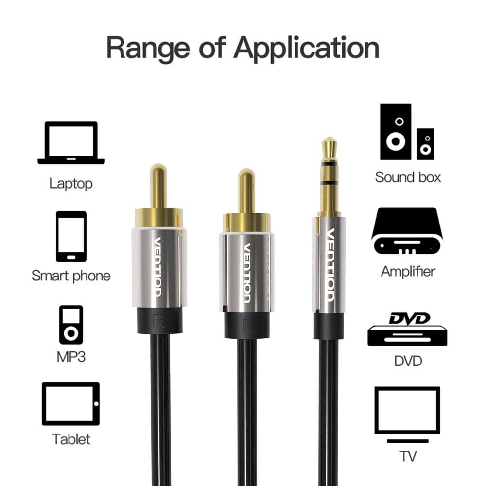 VENTION RCA Jack Cable 3.5mm Jack to 2 RCA Audio Cable 1.5m 2RCA Cable For Edifer Home Theater DVD RCA to 3.5mm AUX Cable Black-1.5 Meter