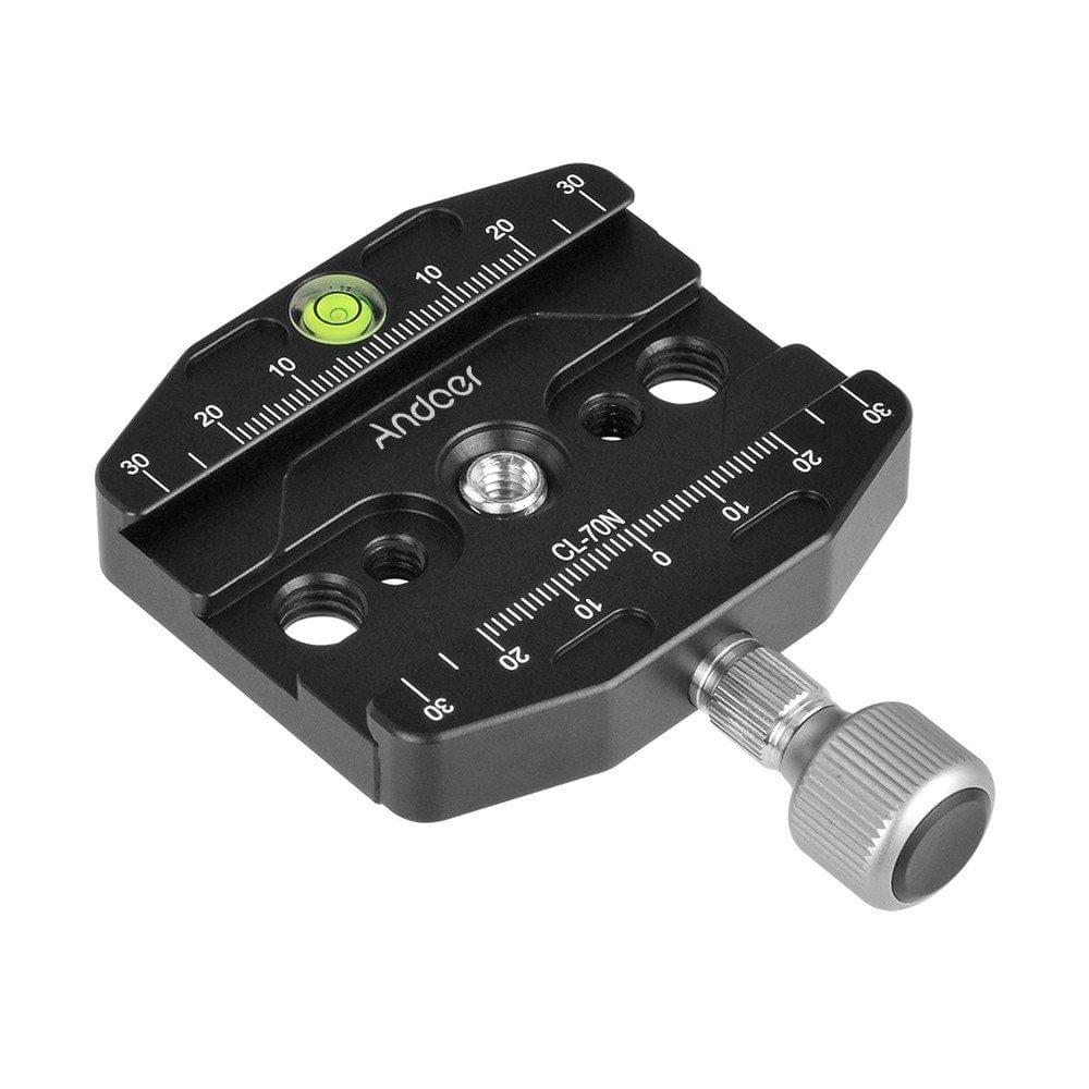 Andoer CL-70N 70mm Aluminum Alloy Quick Release QR Plate Clamp 3/8-inch with 1/4-inch Adapter & Bubble Level for Arca Swiss Benro Acratech Kirk Wimberley Gitzo Manfrotto RRS QR Plate