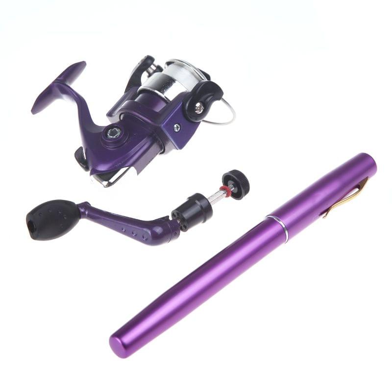 Mini Aluminum Pocket Pen Fishing Rod Pole + Reel Purple