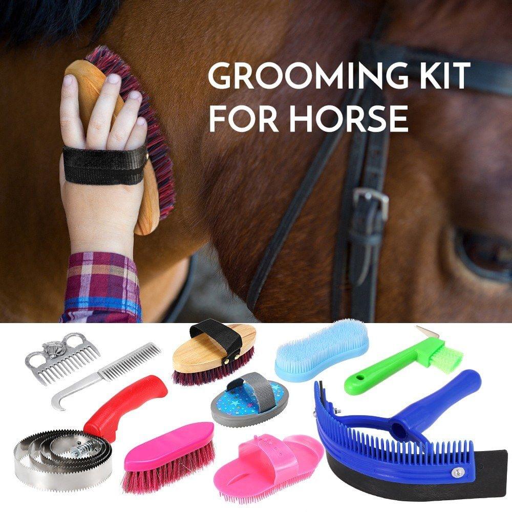 10-IN-1 Horse Grooming Tool Set Cleaning Kit Mane Tail Comb Massage Curry Brush Sweat Scraper Hoof Pick Curry Comb Scrubber