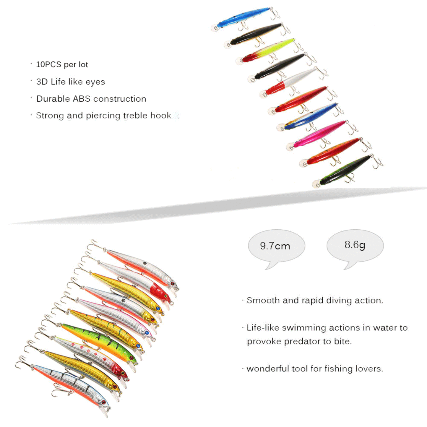 Lixada 10PCS Minnow Hooks Plastic Fishing Lures Baits Crank Bait Set Fish Lure Wobbler Hard Baits